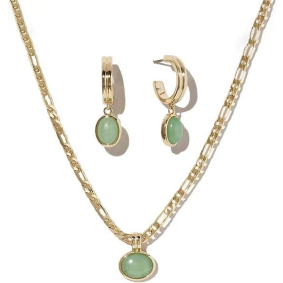 Green aventurine jewelry set gold necklace hoop earrings bracelet jade gift - Picture 1 of 7